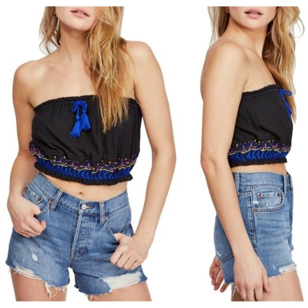 Free People No More Tiers Embroidered Crop Top Tube Top Black Size X-Small